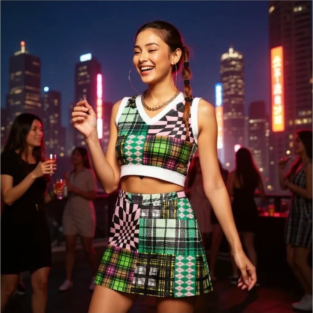 NGOrder ✦ Patchwork Velour Mini Skirt ✦ Retro A‑Line Green Pink Black L NWT